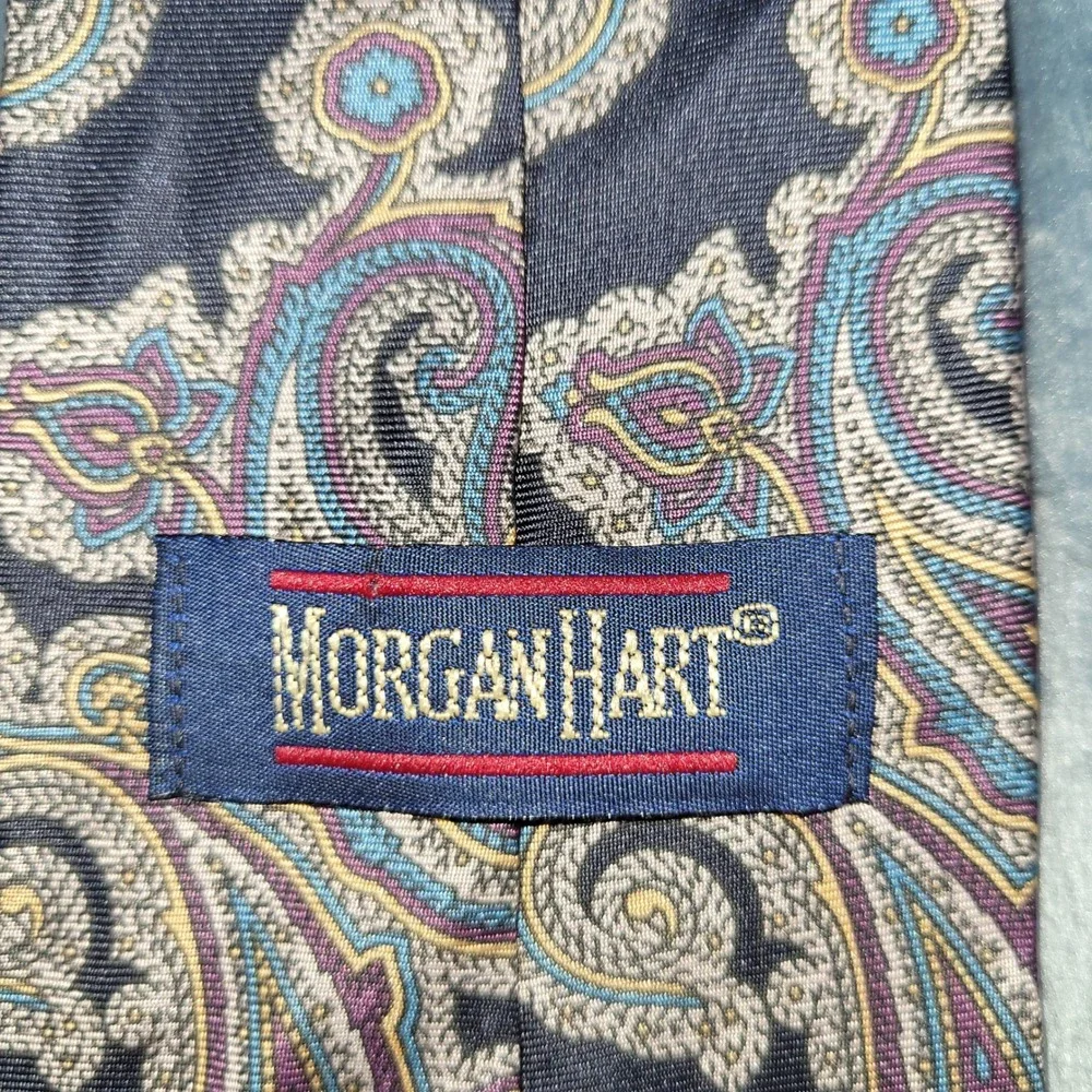 Morgan Hart Mens Silk‎ Paisley Tie Navy Blue Purple Gold Made in USA Formal